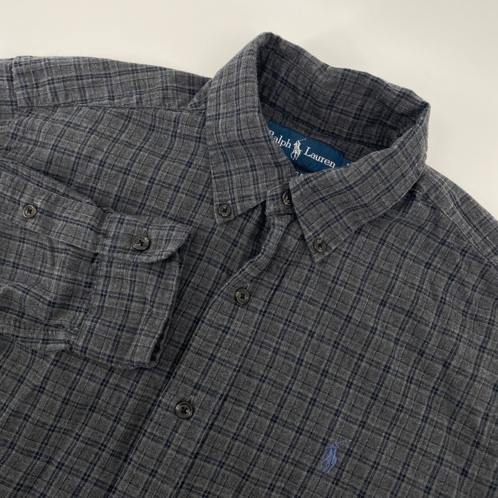 Ralph Lauren Button Down Mens Medium Grey Plaid Classic Fit Cotton Flannel Shirt